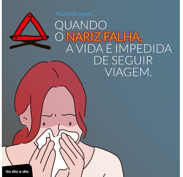 Polipose Nasa Quando o nariz falha, a vida é impedida de seguir viagem. Desenho de mulher com lenço a pressionar o nariz.